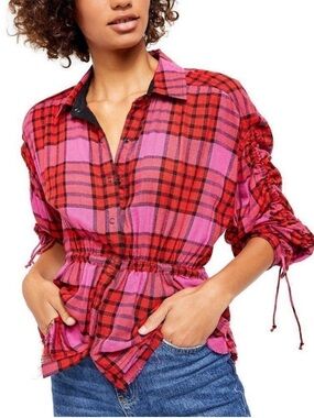 Free People Vibrant Plaid Top in Red and Pink